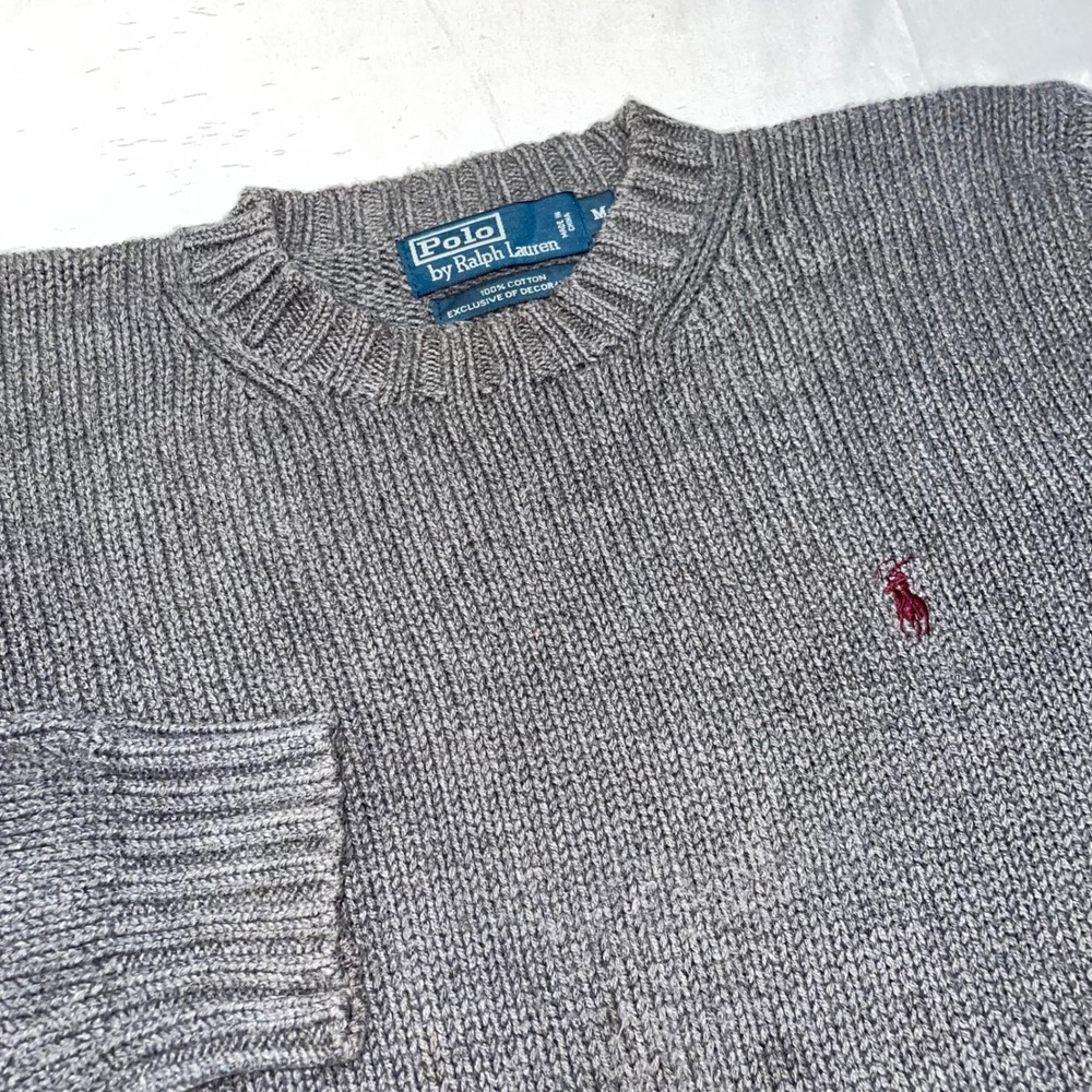 Polo Ralph Lauren Mens Medium Gray Cotton Shaker Knit Crewneck Sweater Red Pony